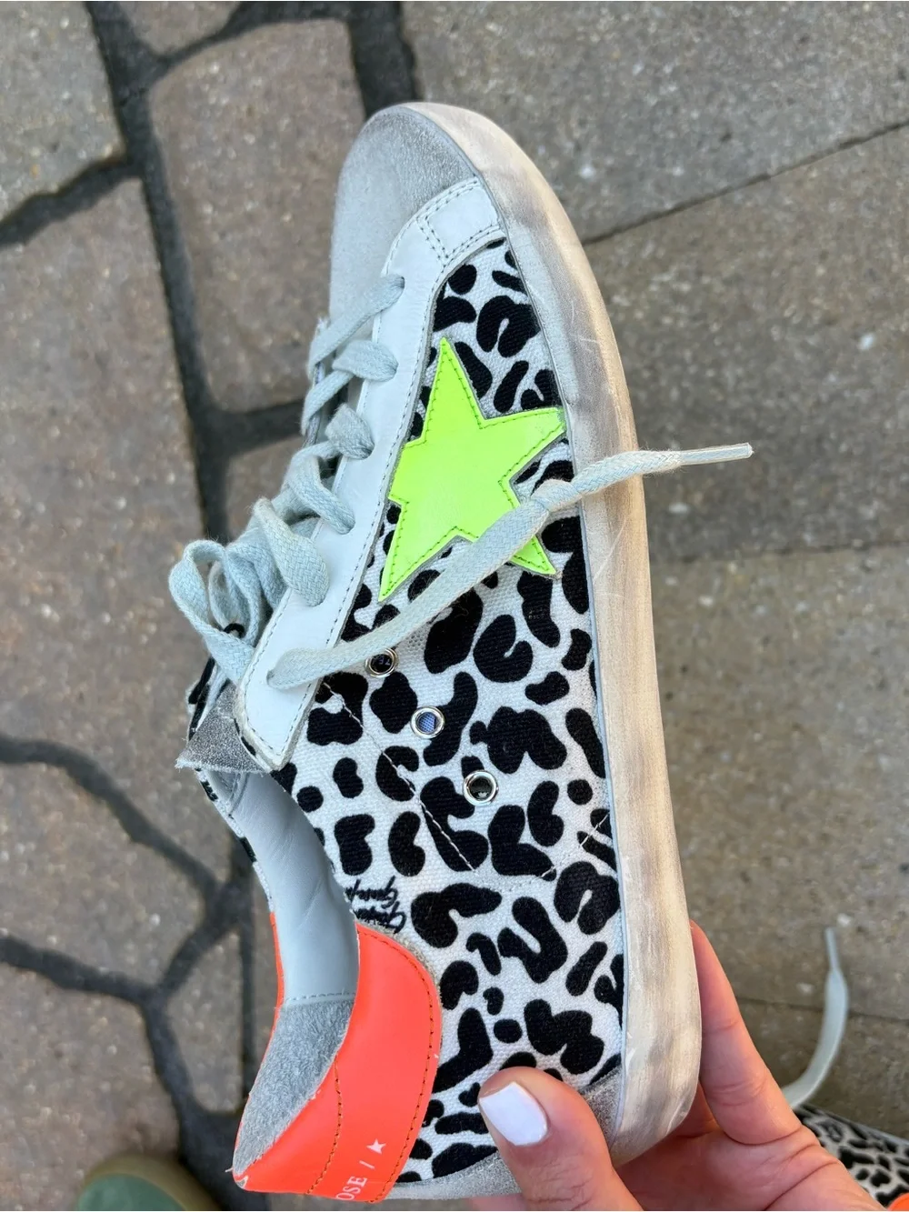 Golden Goose Leopard Print Sneakers with Neon Green Star and Orange Heel - Picture 5 of 6